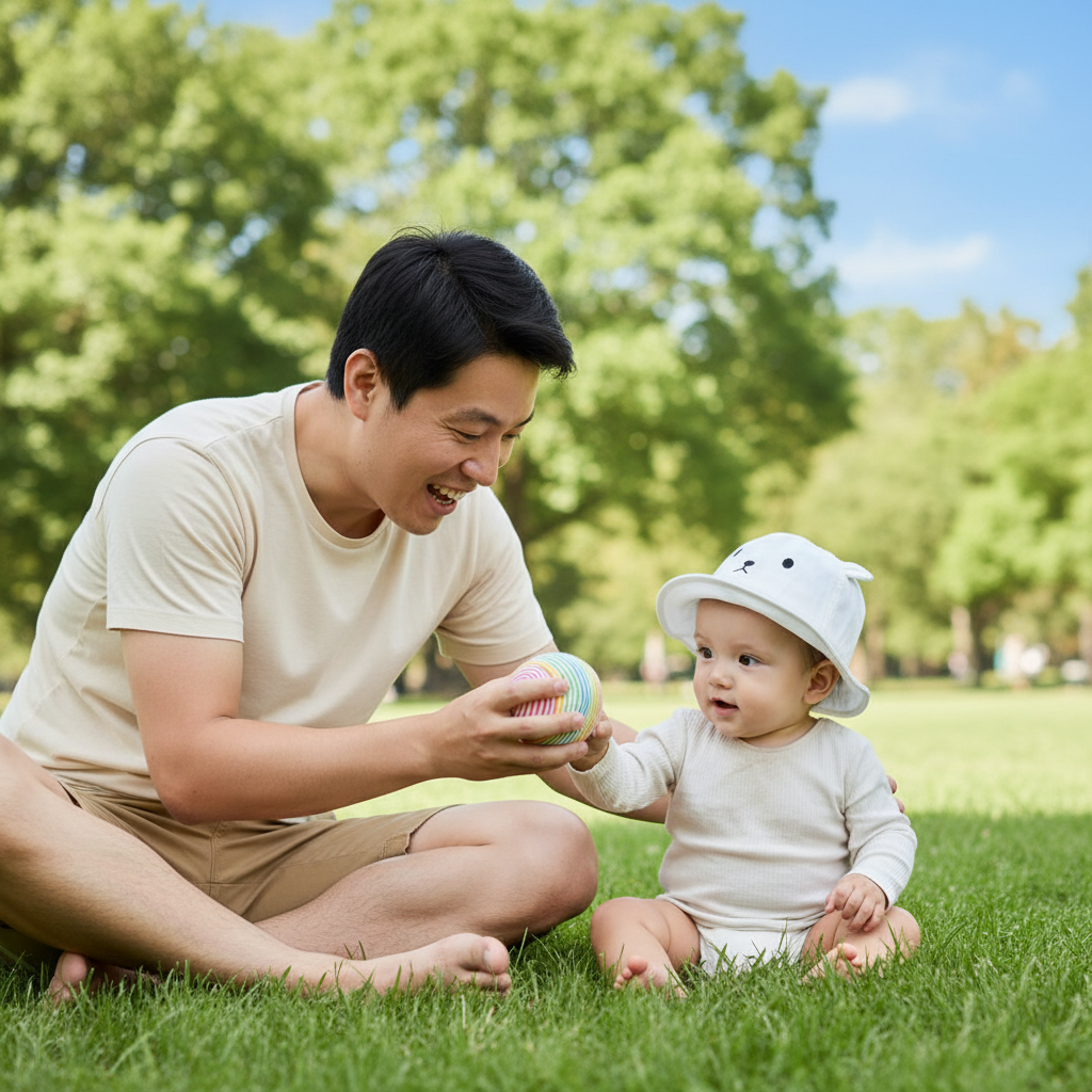 papa au parc avec son bébé qui porte son chapeau bébé