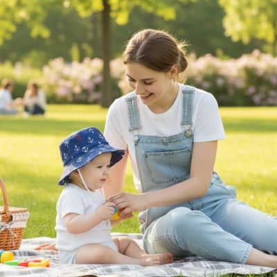 maman au parc avec son petit qui porte son chapeau bébé