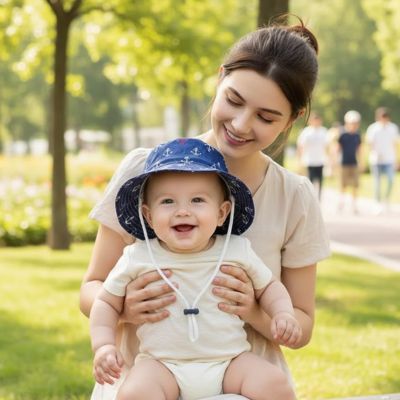 maman au parc avec son petit qui porte son chapeau bébé