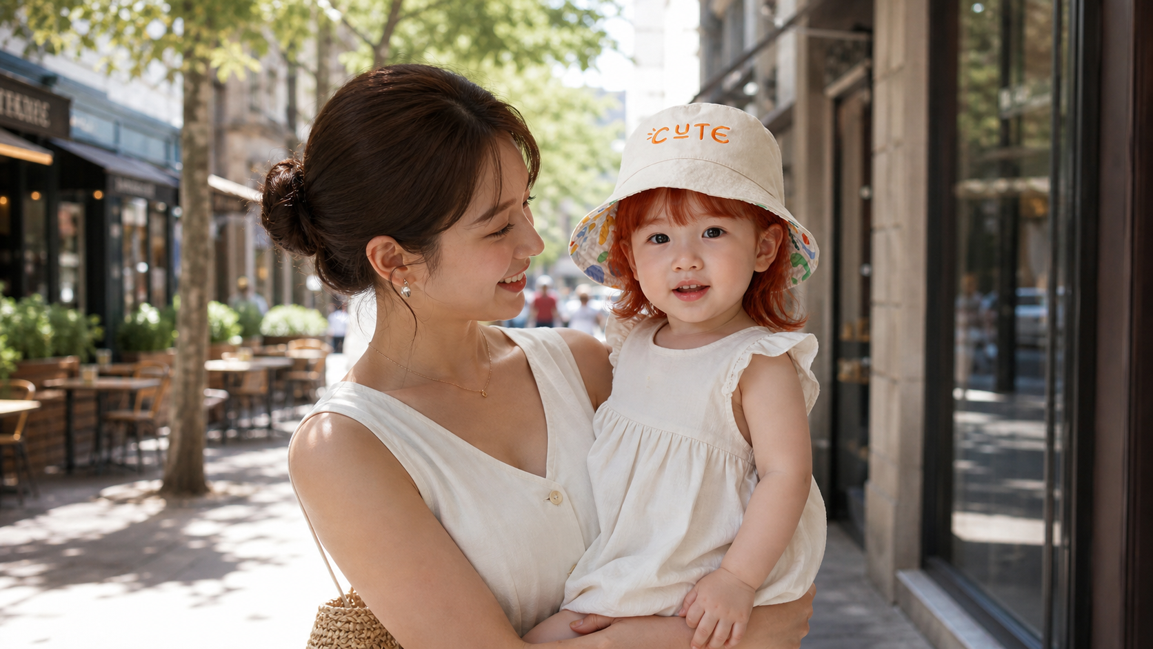 maman porte son bébé qui porte son chapeau bebe cute