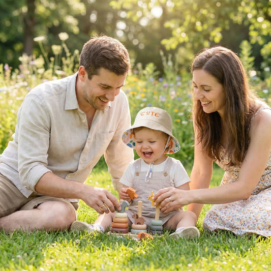 maman et papa au parc avec bébé qui porte son chapeau bebe cute