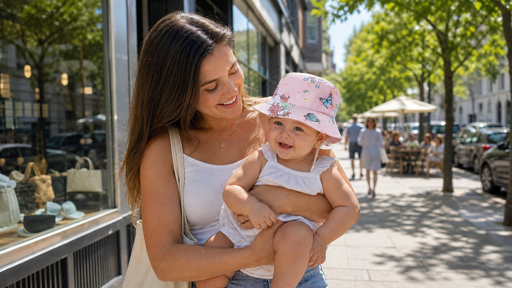 maman se promène avec son bébé qui porte son chapeau bébé fille