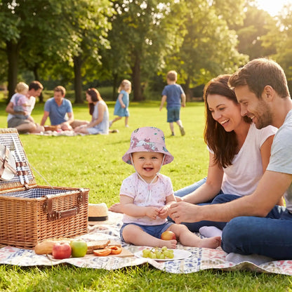 bébé porte son chapeau bébé fille au parc avec papa et maman