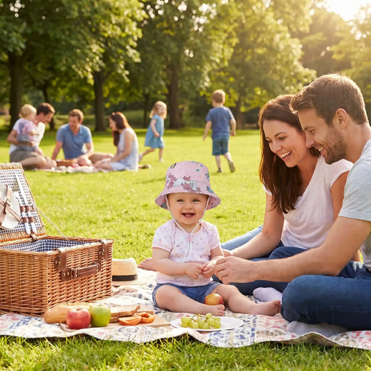 bébé porte son chapeau bébé fille au parc avec papa et maman