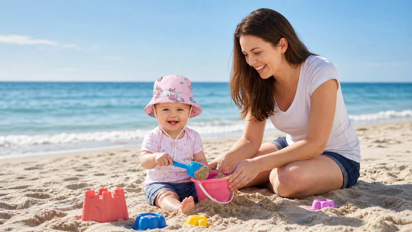 maman à la plage avec son bébé qui porte son chapeau bébé fille