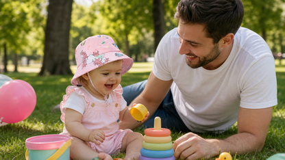 papa au parc avec bébé qui porte son chapeau bébé fille