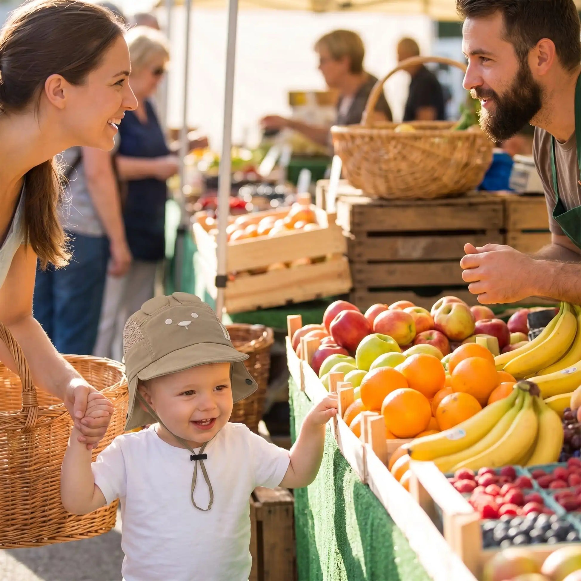 maman au marché avec son bébé qui porte son chapeau bébé garçon kaki aux oreilles d'ours
