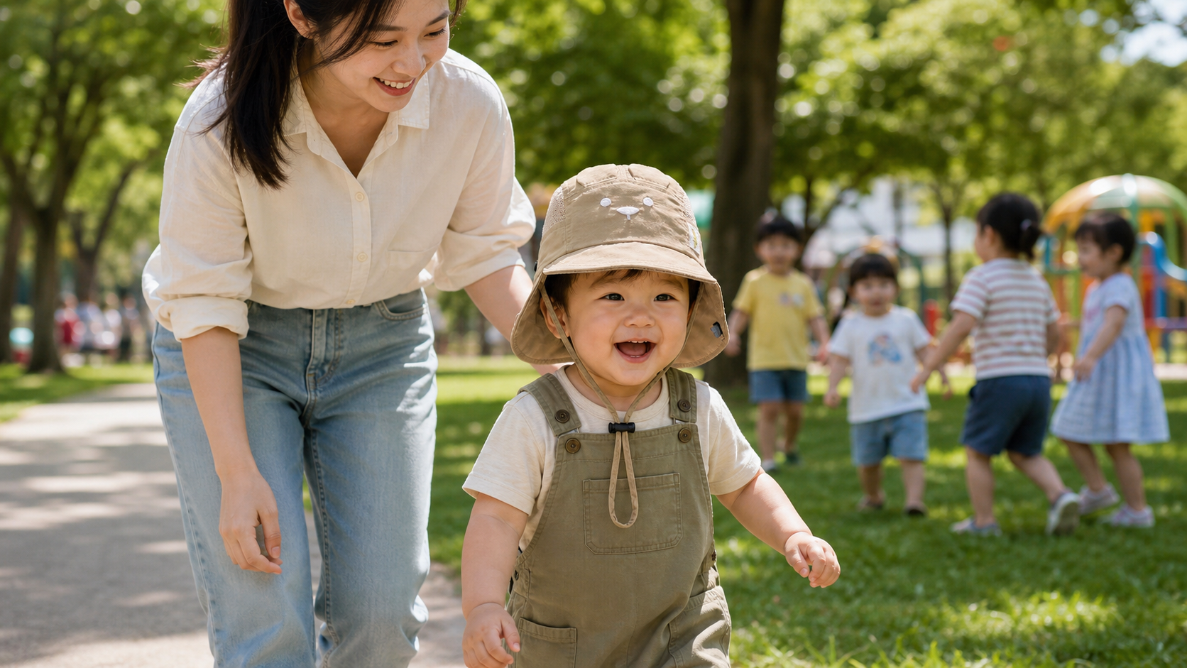 bébé au parc avec maman porte son chapeau bébé garçon