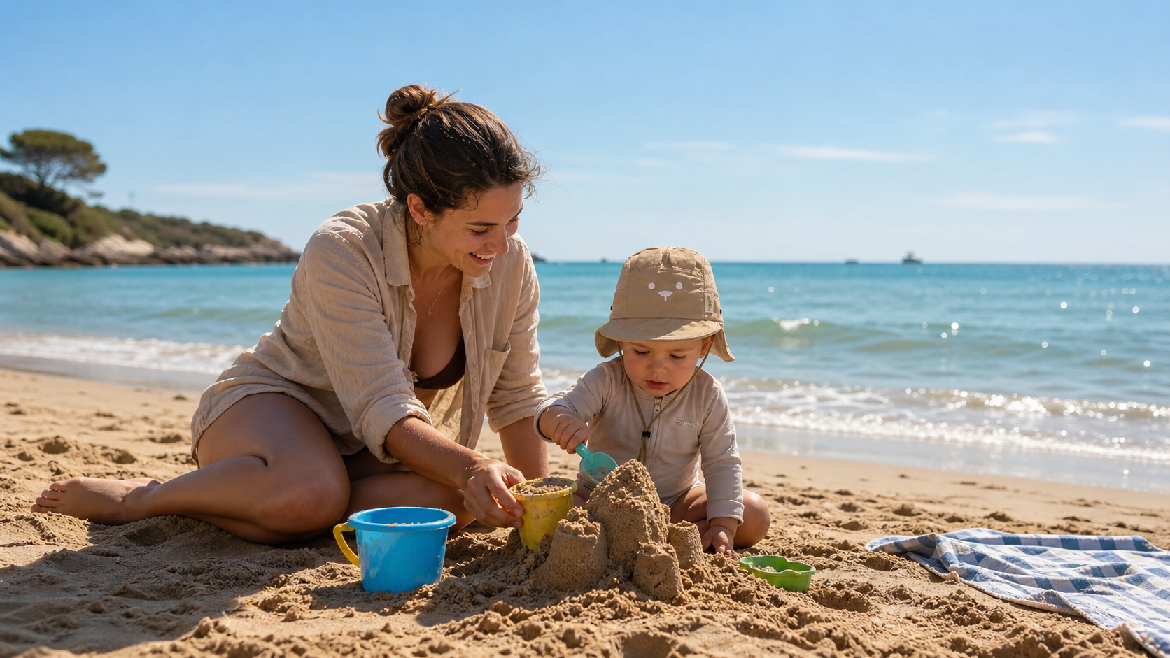 A la plage bébé avec maman porte son chapeau bébé garçon kaki
