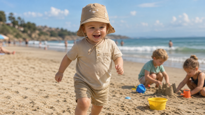 bébé à la plage porte son chapeau bébé garçon