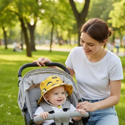 maman se promène avec son petit qui porte son chapeau bébé assis dans la poussette