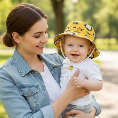 maman se promène avec son petit qui porte son chapeau bébé