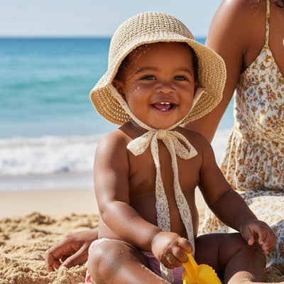 bébé qui porte son chapeau bebe à la plage