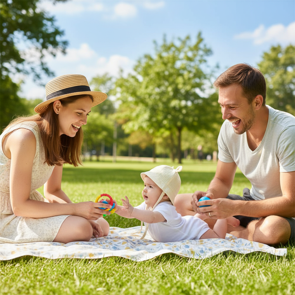 bébé porte sn chapeau bebe au parc avec papa et maman