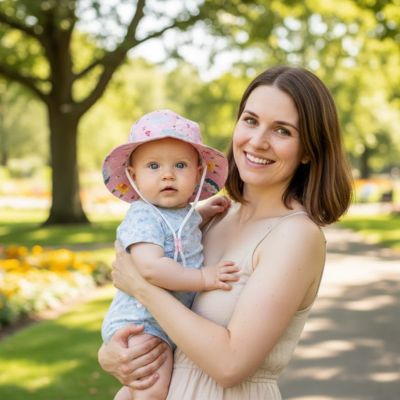 maman porte sa petite princesse au parc qui porte son chapeau bébé