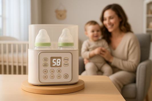 chauffe biberon maman et bébé souriants dans la chambre