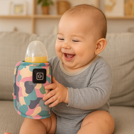 chauffe biberon nomade bébé le tient dans les main et sourit