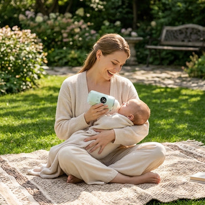 sortie tranquille avec bébé qui boit son biberon a bonne température avec le chauffe biberon nomade