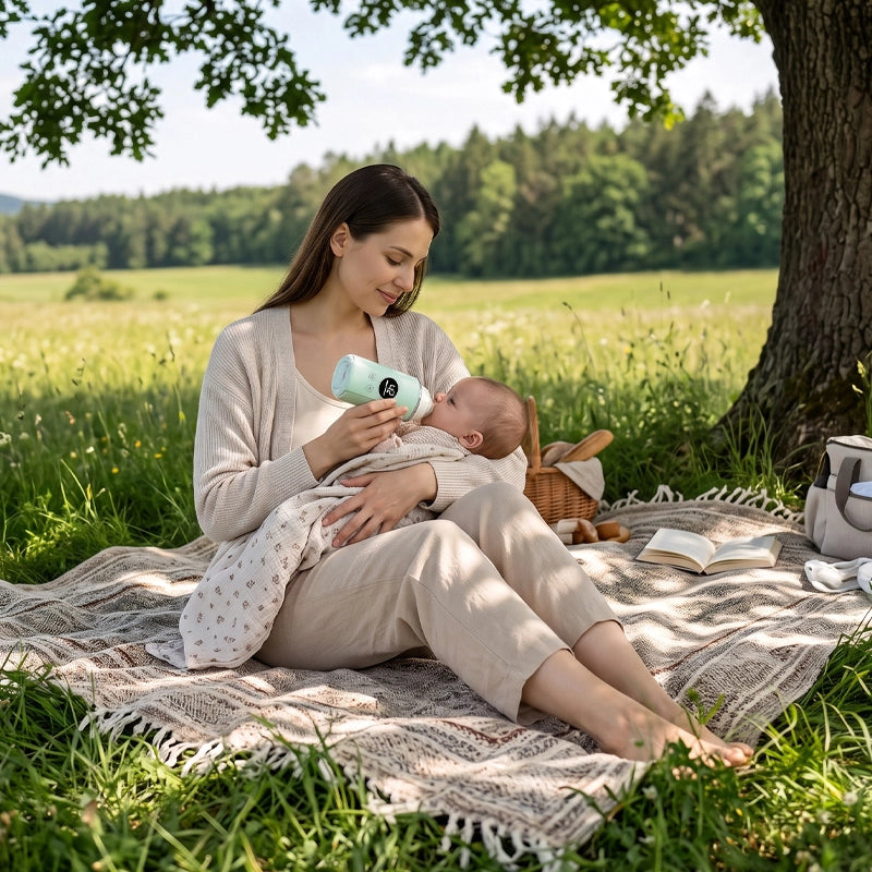 bébé boit son lait a bonne température au parc grâce au chauffe biberon nomade vert