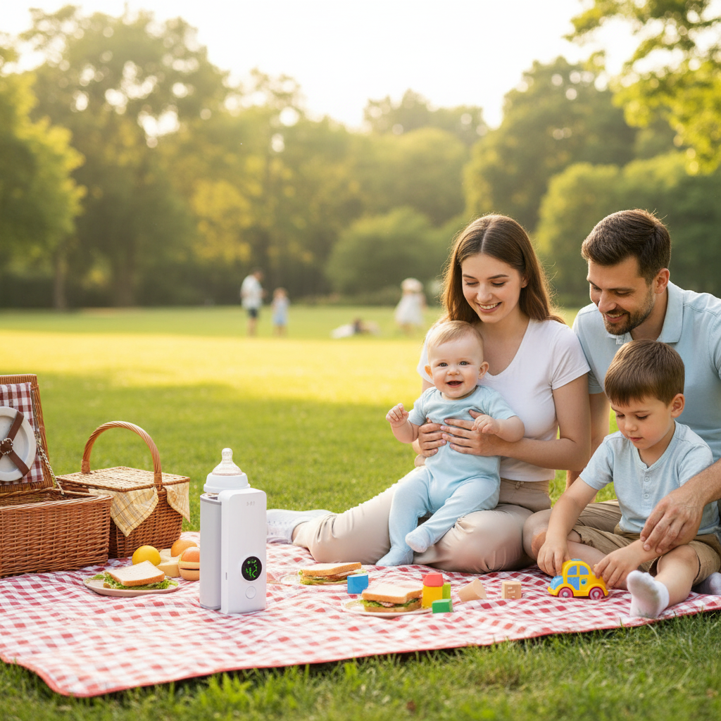 chauffe biberon portable au parc en pique nique avec bébé et la famille