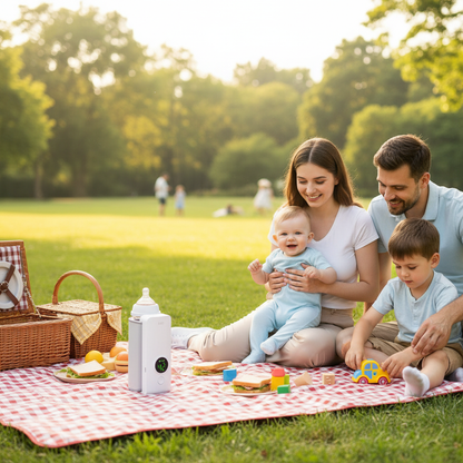 chauffe biberon portable au parc en pique nique avec bébé et la famille