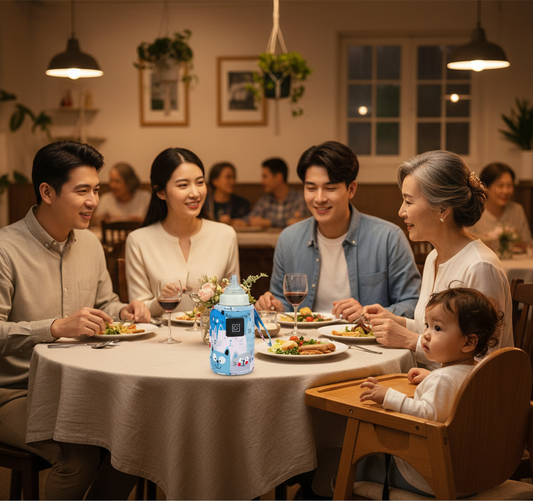 chauffe biberon portable au restaurant avec toute la famille