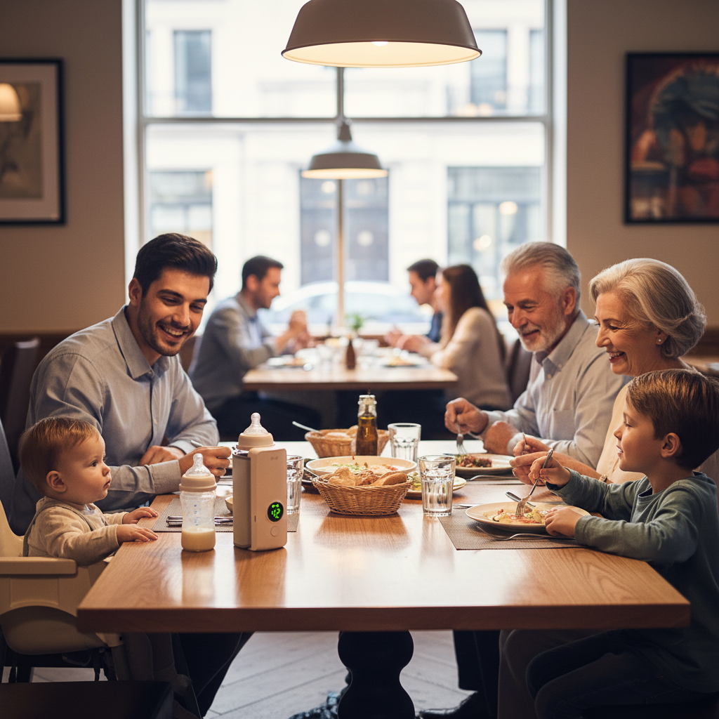 chauffe biberon portable au restaurant en famille