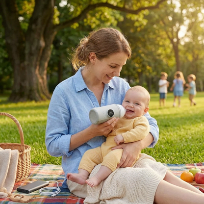 chauffe-biberon portable maman au parc avec bébé