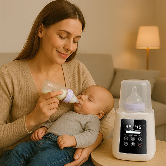 Chauffe biberon bébé prend son biveron endormi avec maman