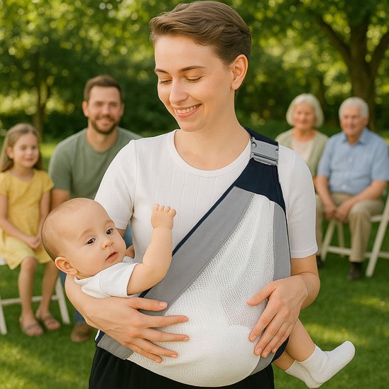 echarpe de portage maman porte bébé en sortie avec les grands parents
