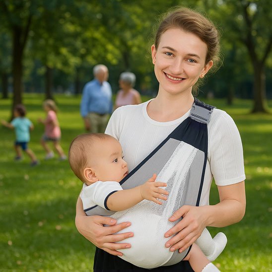echarpe de portage maman porte bébé au parc