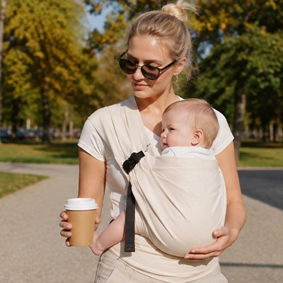 maman boit son café et porte bébé dans son echarpe de portage beige