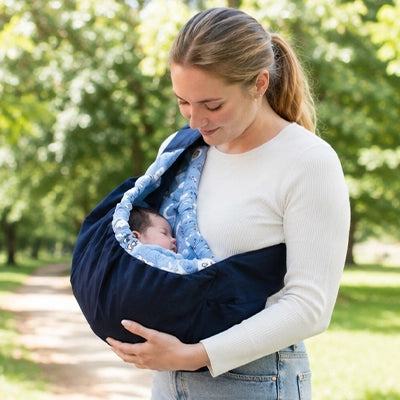 maman porte son bébé endormi confortablement dans son echarpe de portage