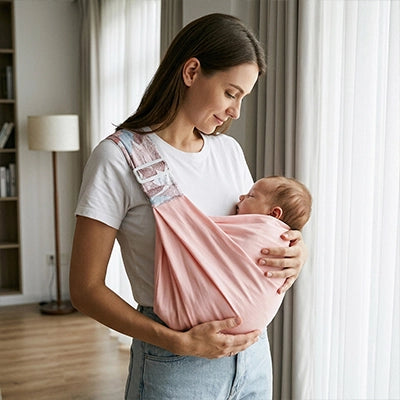 bébé endormi dans son echarpe de portage rose