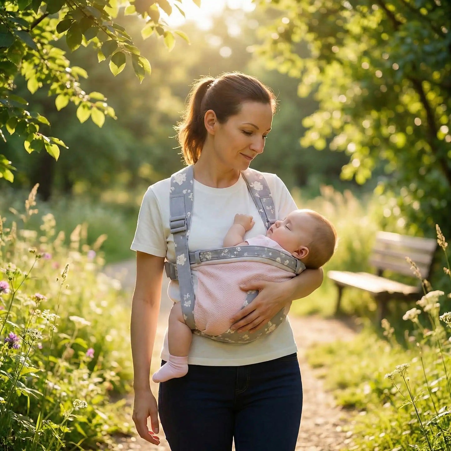 Maman porte son bébé endormi dans son echarpe de portage 