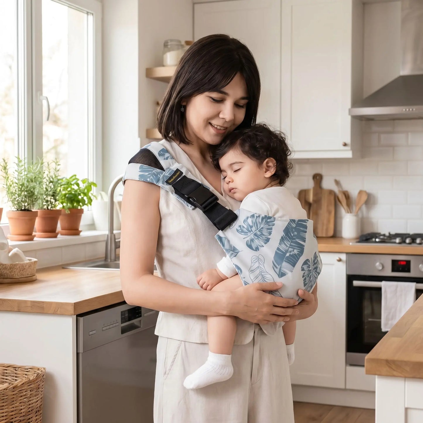 bébé endormi dans les bras de maman dans son écharpe de portage koala