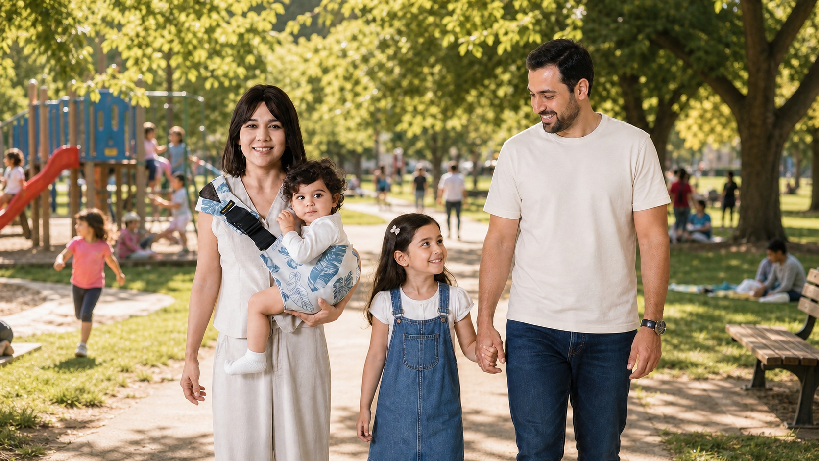 promenade au parc et maman porte bébé dans son écharpe de portage koala