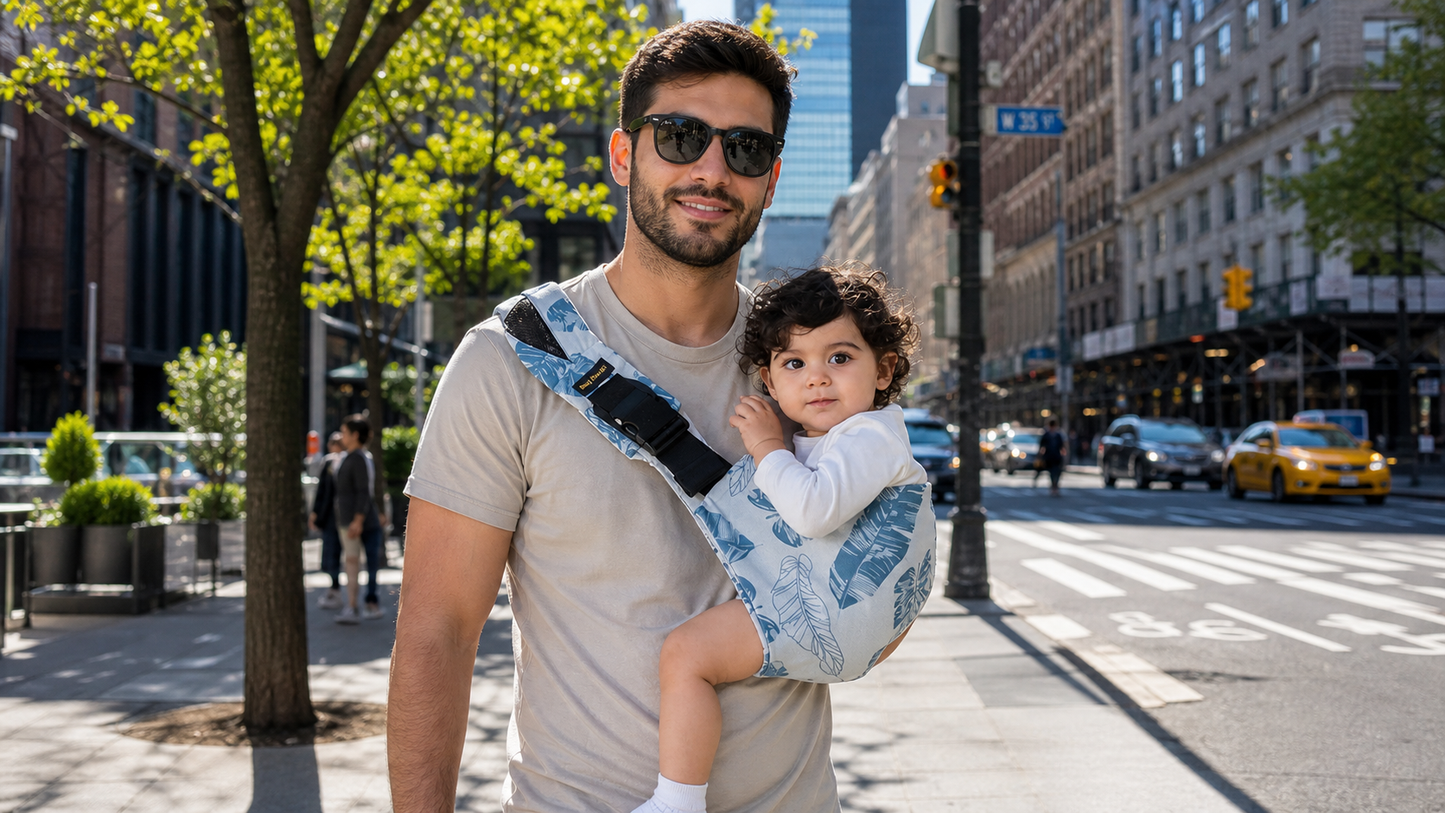 papa porte bébé dans son écharpe de portage koala