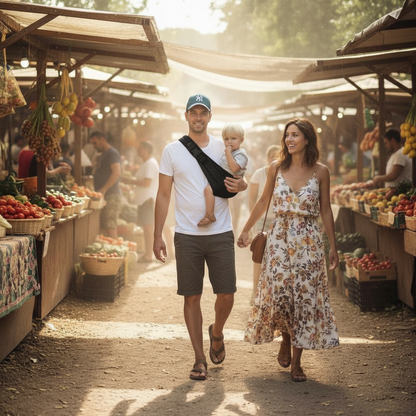 echarpe de portage avec maman et papa au marché