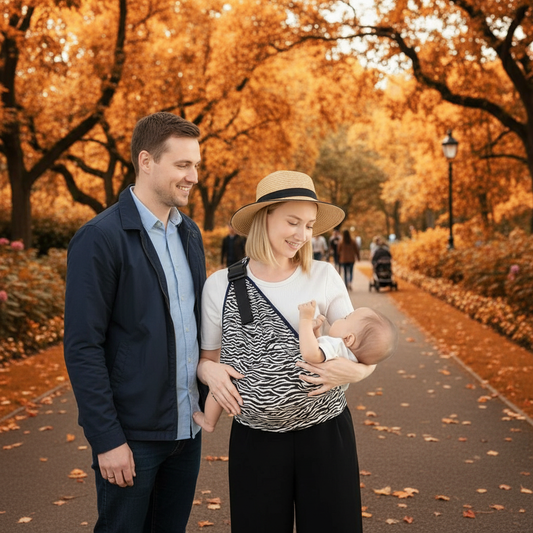 echarpe de portage bébé avec maman et papa au parc
