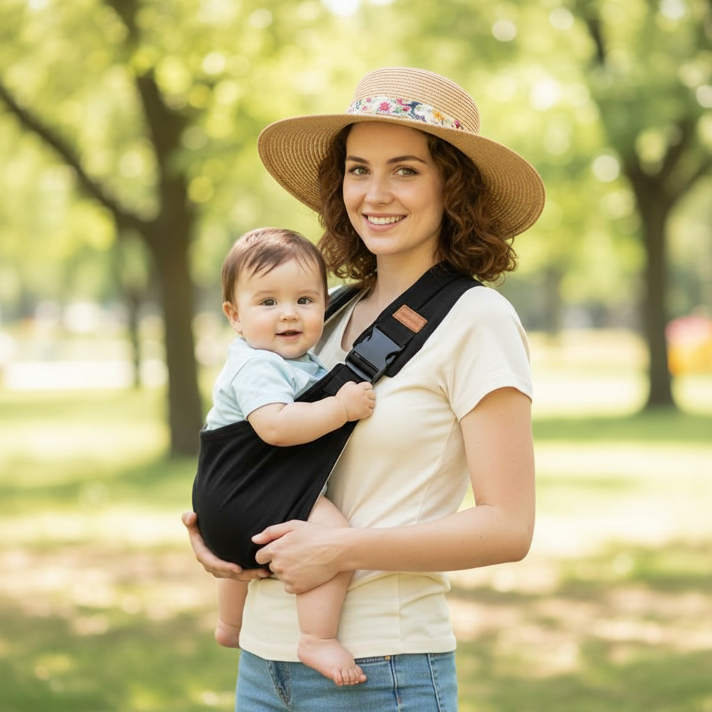 echarpe de portage bébé avec maman au parc