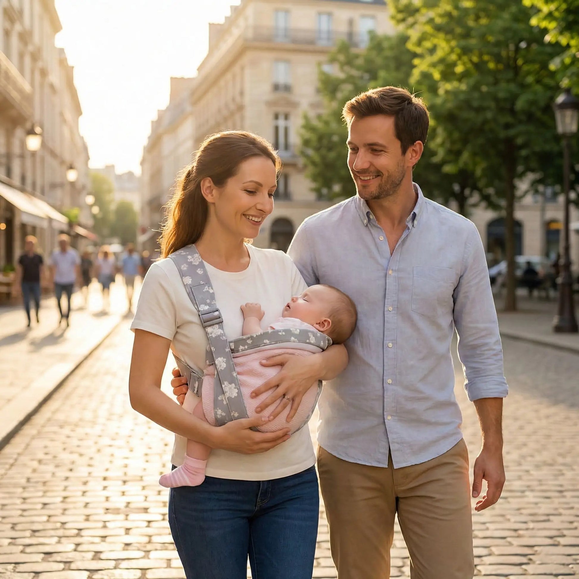 Maman porte son bébé endormi dans son echarpe de portage avec papa en ville