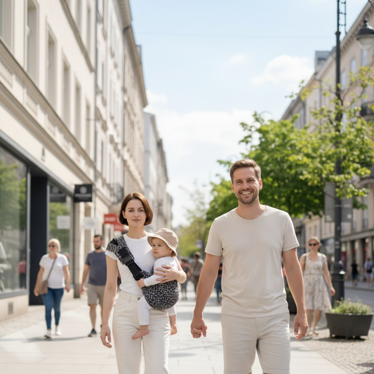maman porte bébé dans son echarpe de portage en ville avec papa