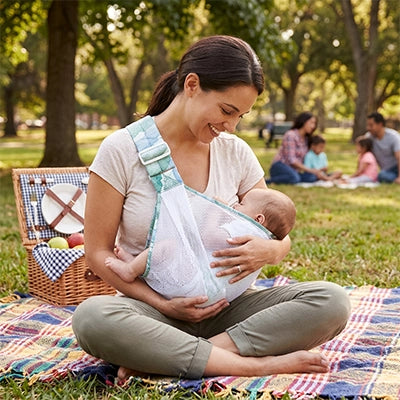 bébé endormi au parc avec maman dans son echarpe de portage physiologique