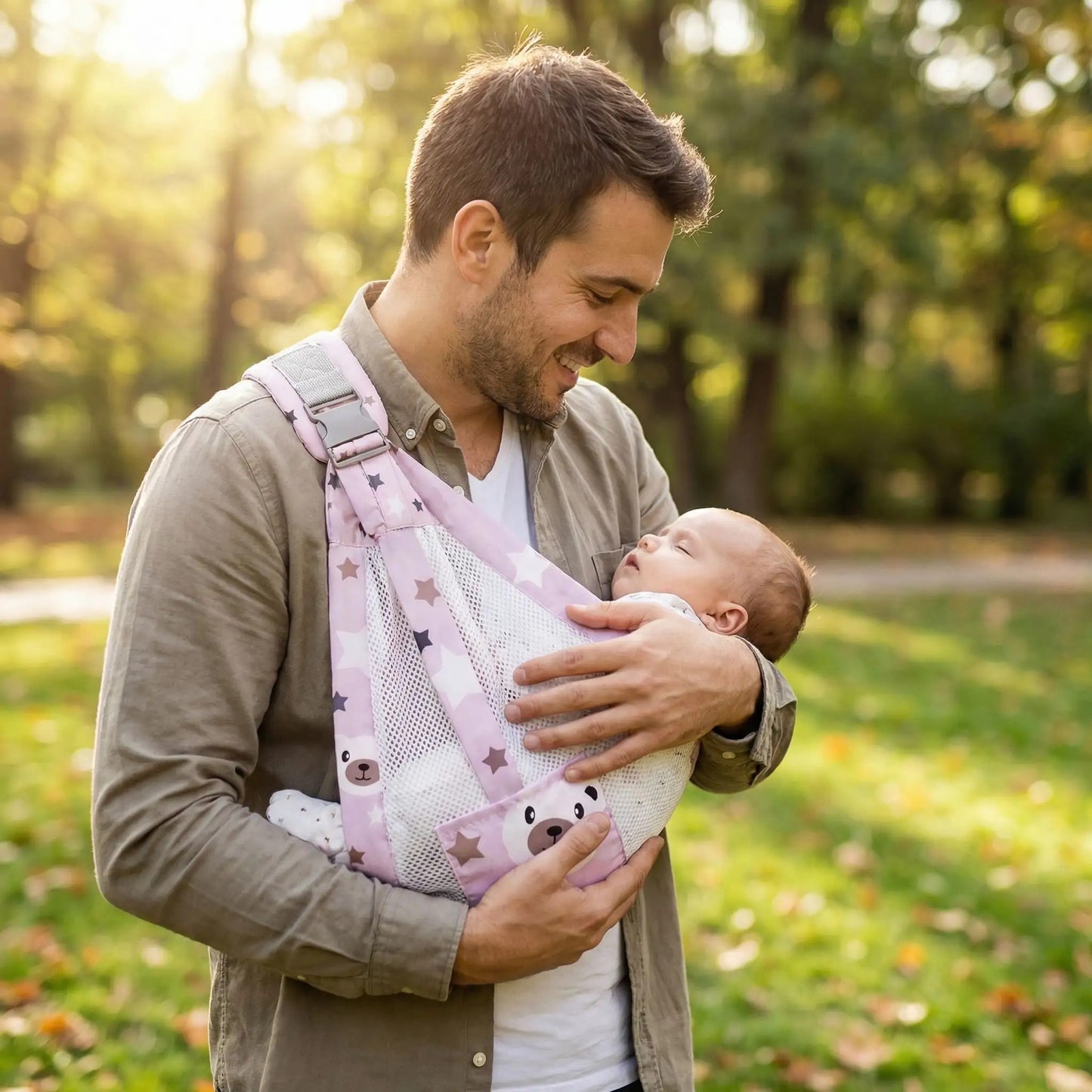 papa porte bébé endormi dans son écharpe de portage