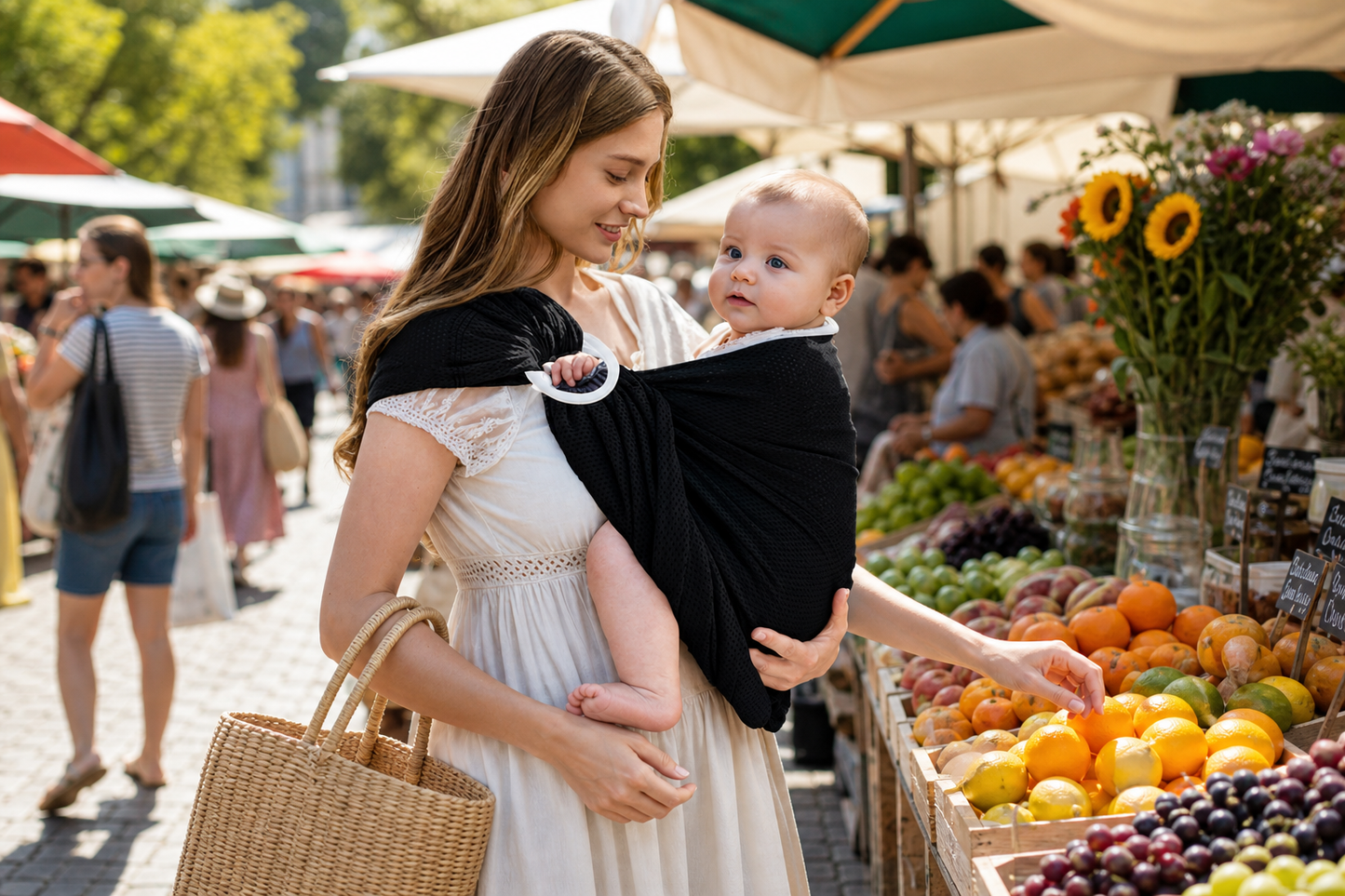 maman au marché porte son bébé dans son echarpe de portage sling