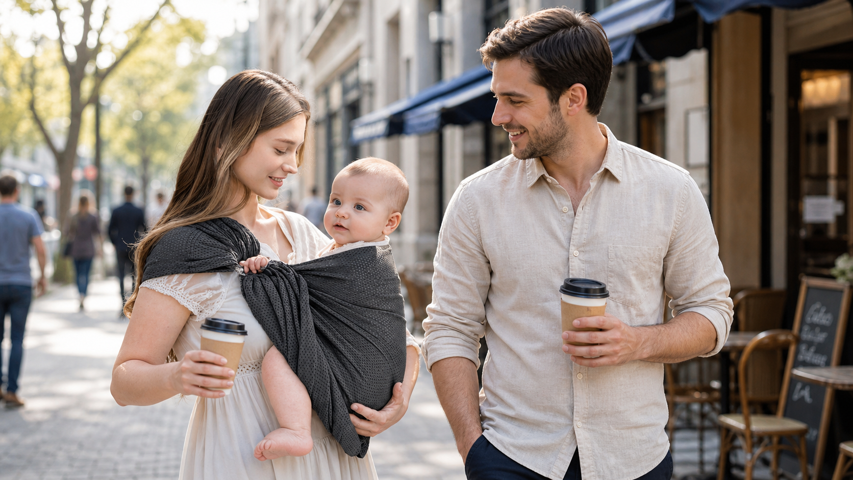 maman porte bébé dans son echarpe de portage sling et prend son café avec papa