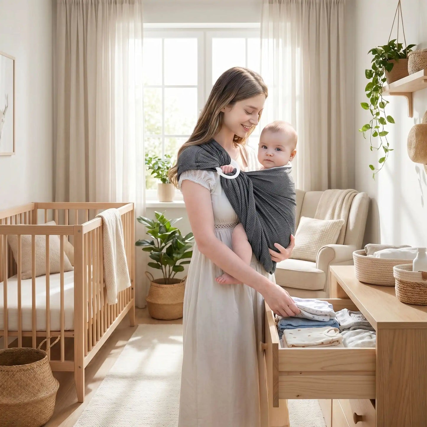 maman range les vêtements de bébé et porte son bébé dans son echarpe de portage sling