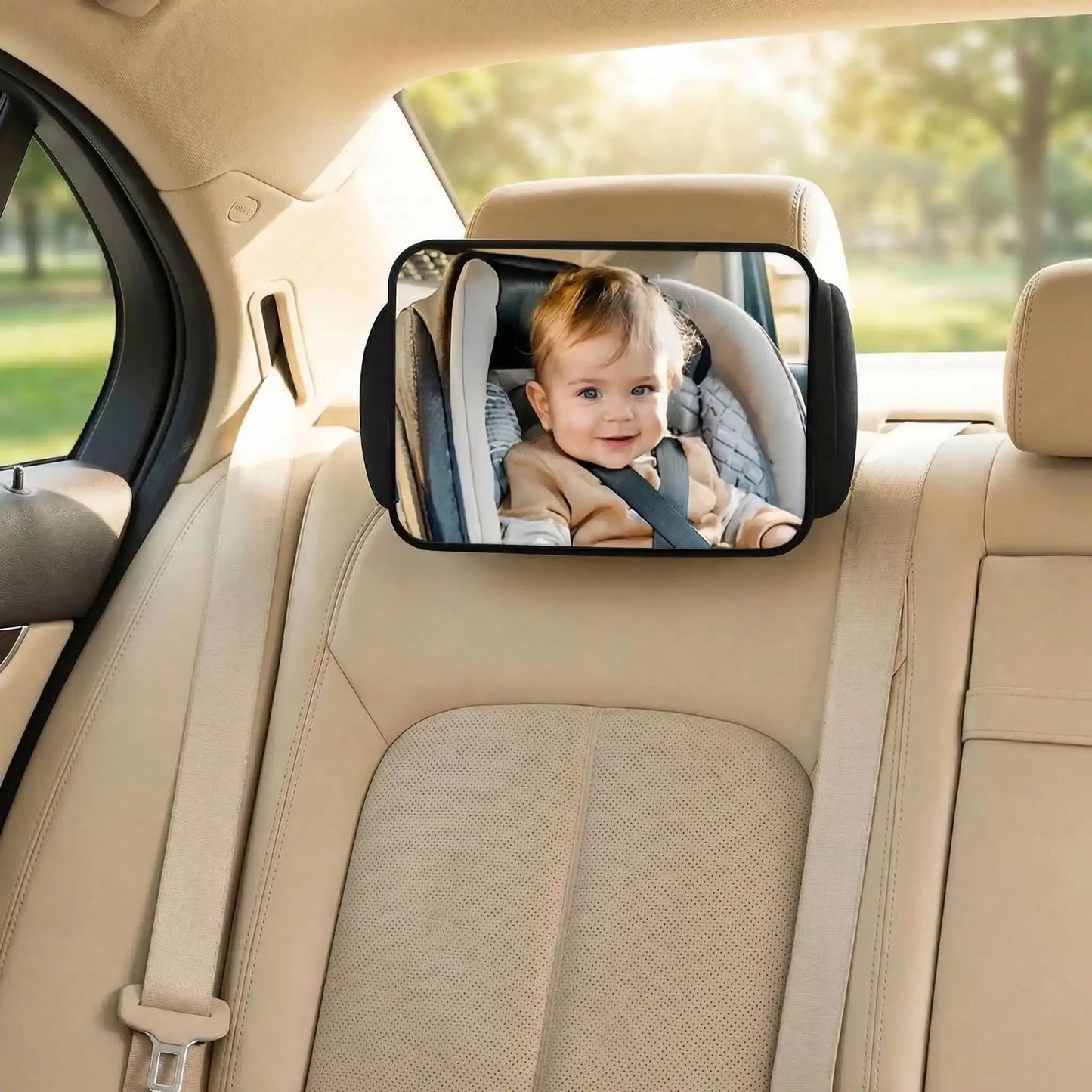 bébé en train de sourir en regardant son papa dans le miroir voiture bébé