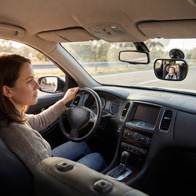 maman conduit et regarde bébé dans le miroir voiture bébé